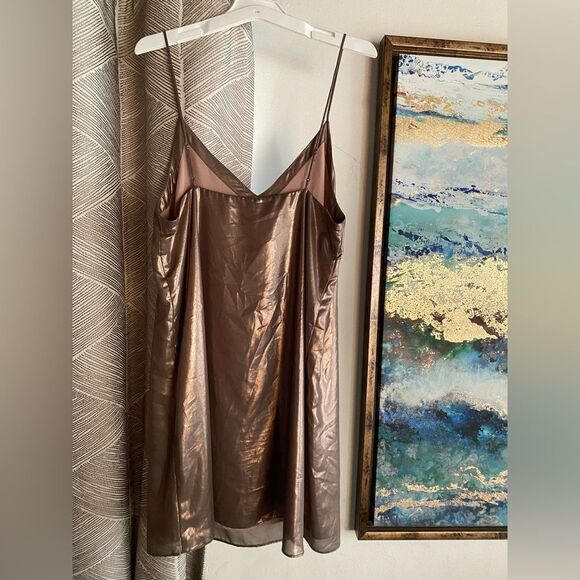 Wilfred Satin Slip Mini Dress Tan Copper  Size Small Adjustable Straps Side Slit - Picture 3 of 13